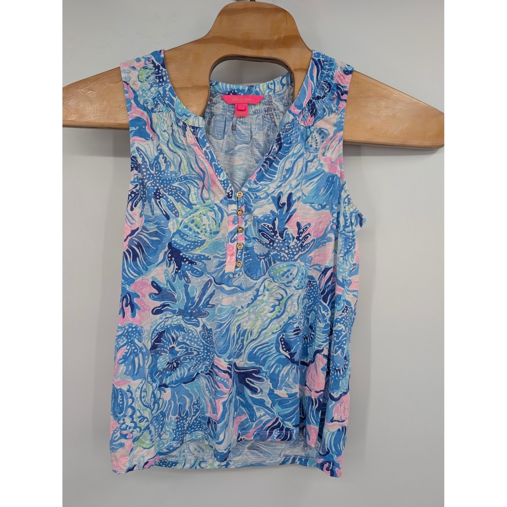 Lilly Pulitzer Etta Henley Tank Top Sz L 100% Cotton Blue Pink Coastal‎